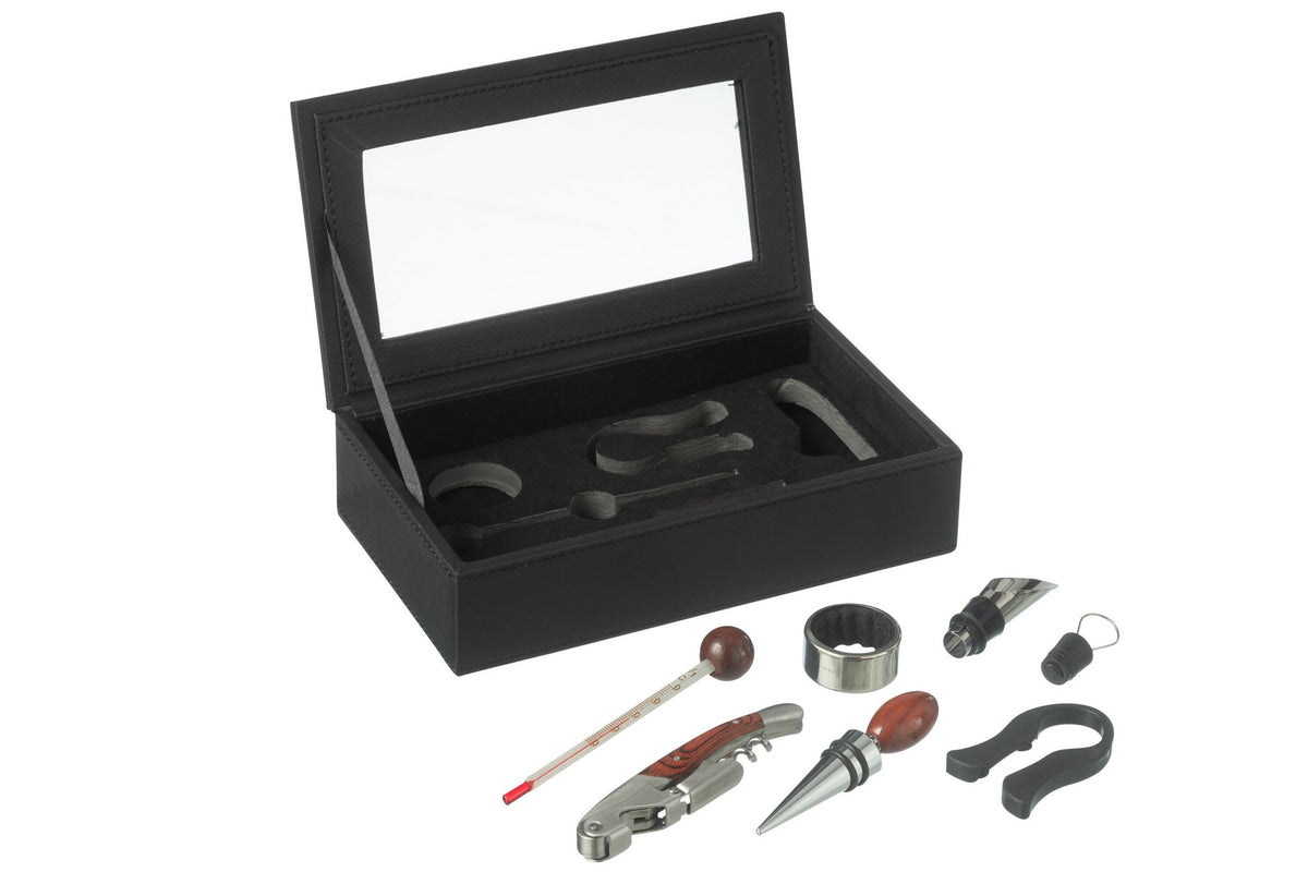 J-Line wijn accessoires - kunstleder/hout - zwart - doos van 6