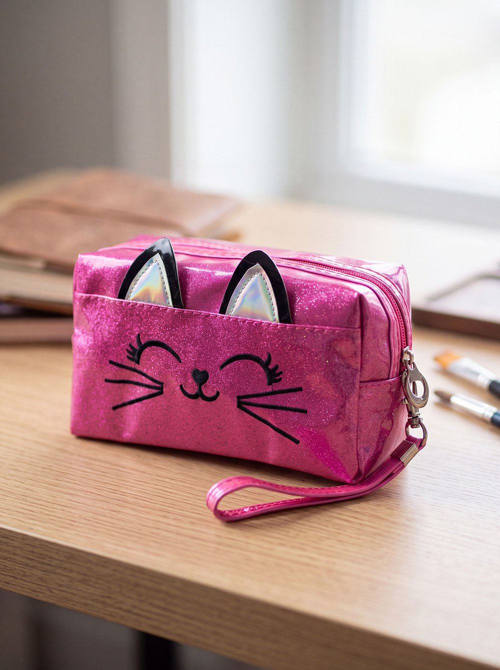Toilettas Dames Kat 18x10 cm Roze Polyurethaan
