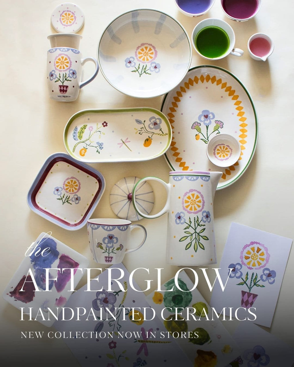 Handbeschilderde keramische serveerschaal - bloemmotief, set van 4