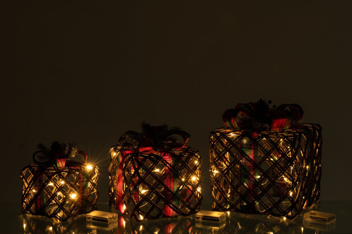 J-Line LED-cadeaus Lint + Dennenappels - ijzer - bruin/kerstrood