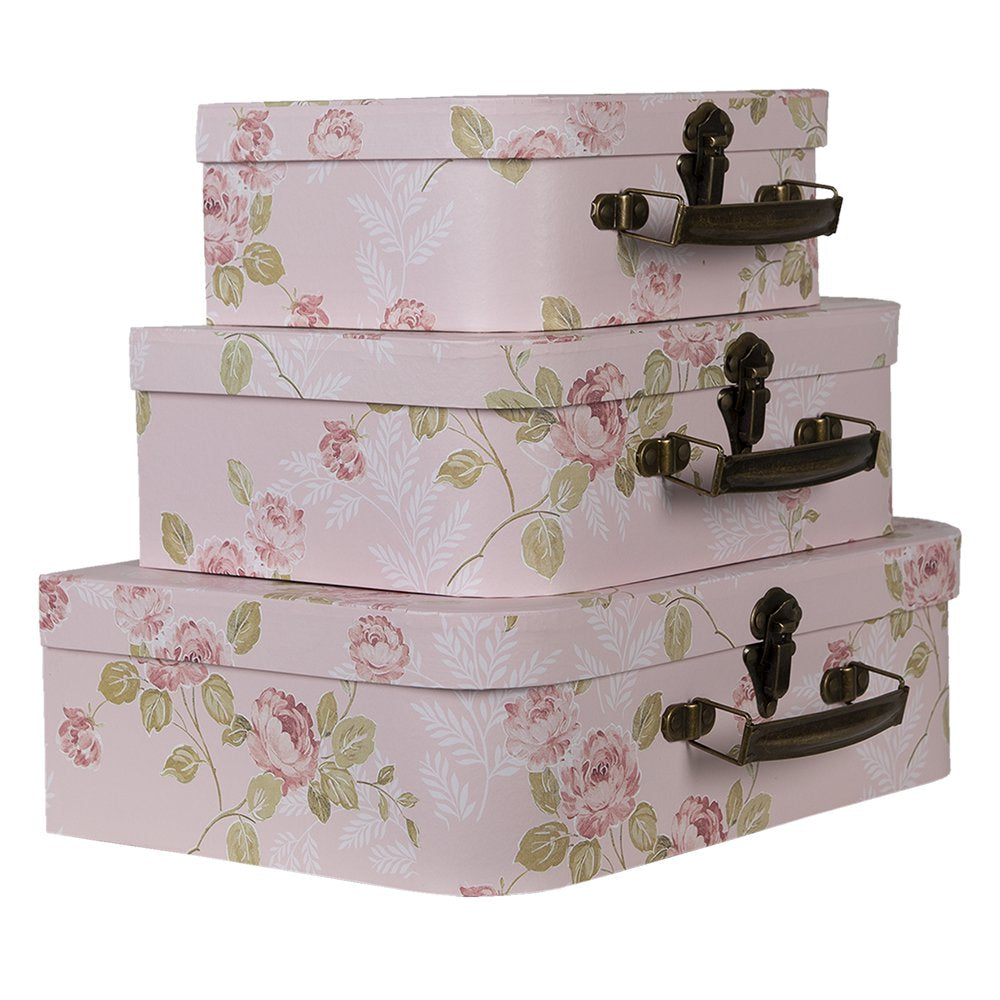 Decoratie Koffer Set van 3 30x21x9/25x18x9/20x16x8 cm Roze Karton Bloemen Opbergkoffer