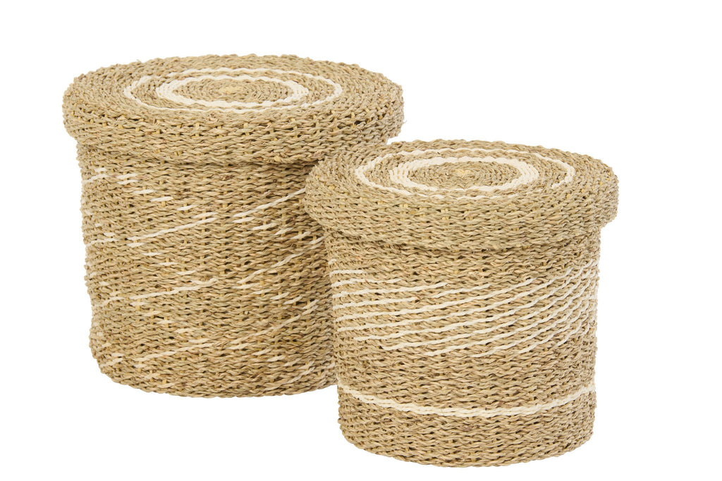 J-Line mand + deksel - ijzer/papier - wit/naturel - set van 2