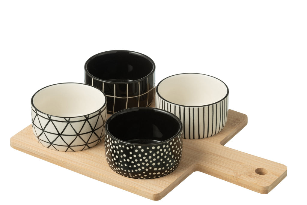 J-Line Tapasservies 4 Sets + Bambouschaal In Doos Zwart/Wit