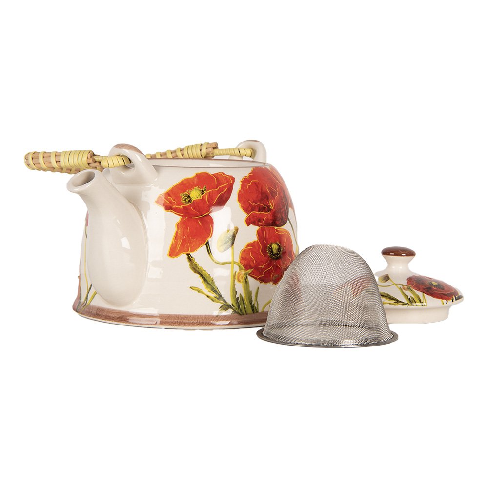 Theepot met Filter 800 ml Wit Rood Keramiek Bloemen