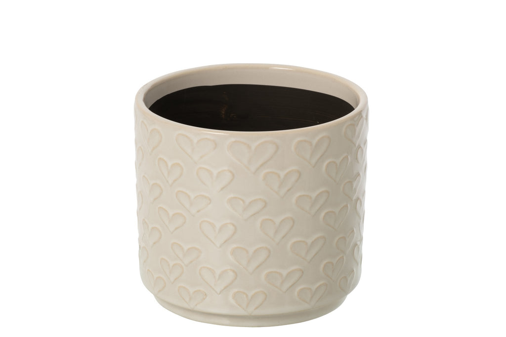 J-Line Bloempot met harten - keramiek - ecru - medium