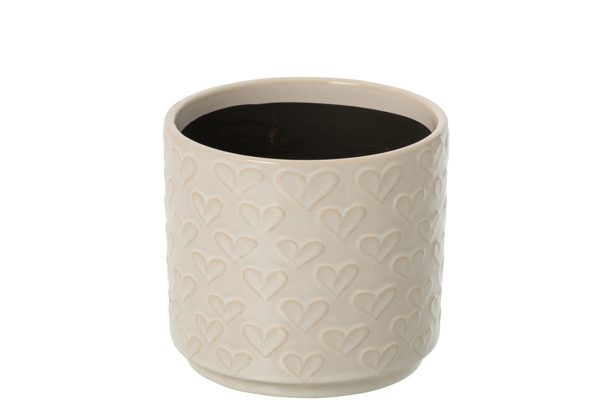J-Line Bloempot met harten - keramiek - ecru - medium