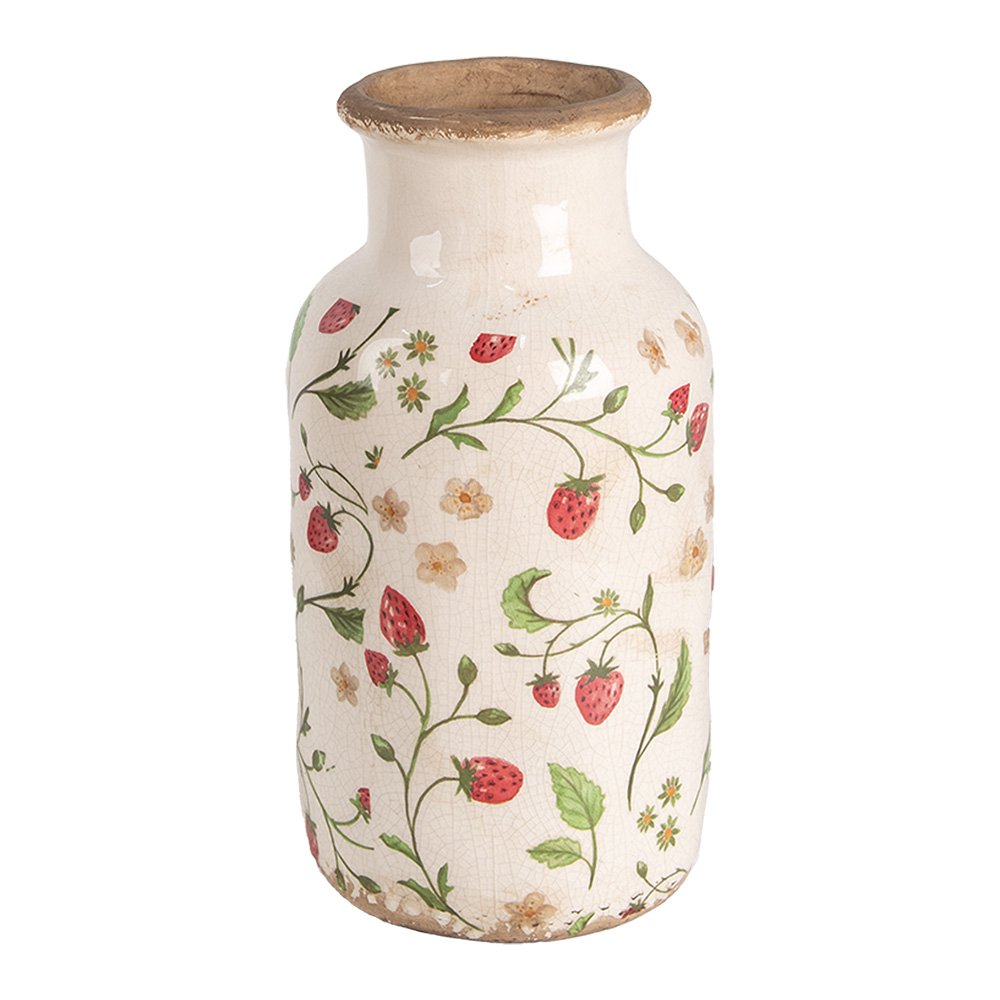 Vaas Ø 14x26 cm Beige Rood Keramiek Aardbeien