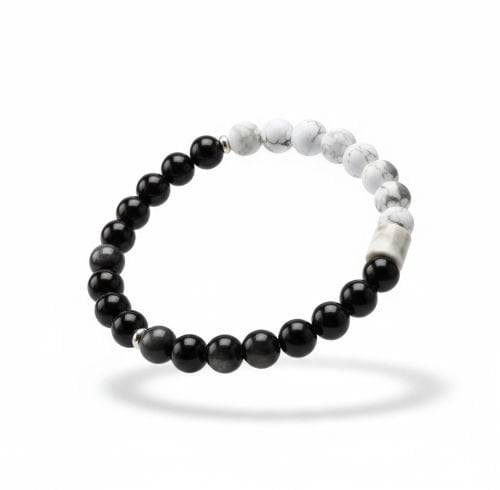 Heren armband zwarte Obsidiaan met Howliet 8 mm met matzilverkleur kraal