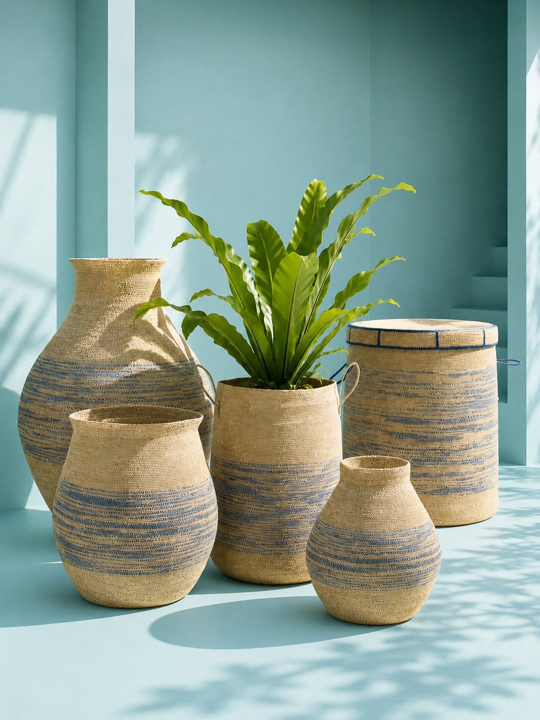 J-Line mand Met Handvat Gestreept - zeegras - naturel/blauw