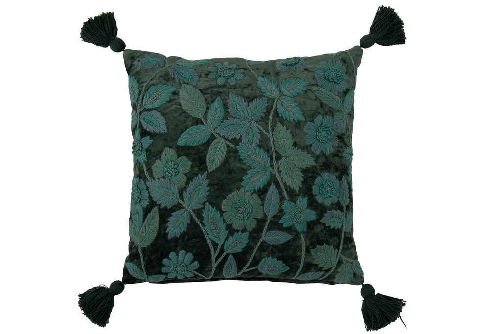 J-Line kussen Bladeren Vierkant - viscose - donkergroen/turquoise