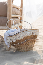 J-Line strandtas Riet Kwastjes - jute - naturel/ecru