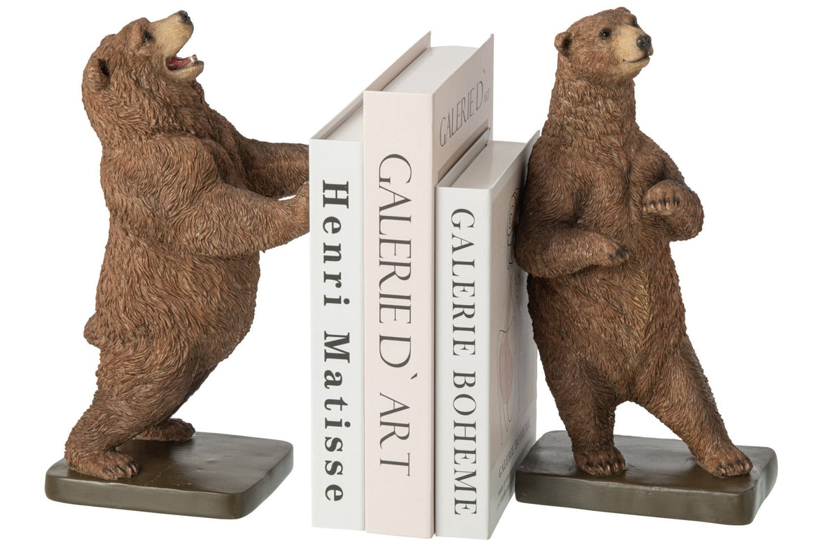 J-Line Boekensteunen beer - polyresin - bruin - set van 2