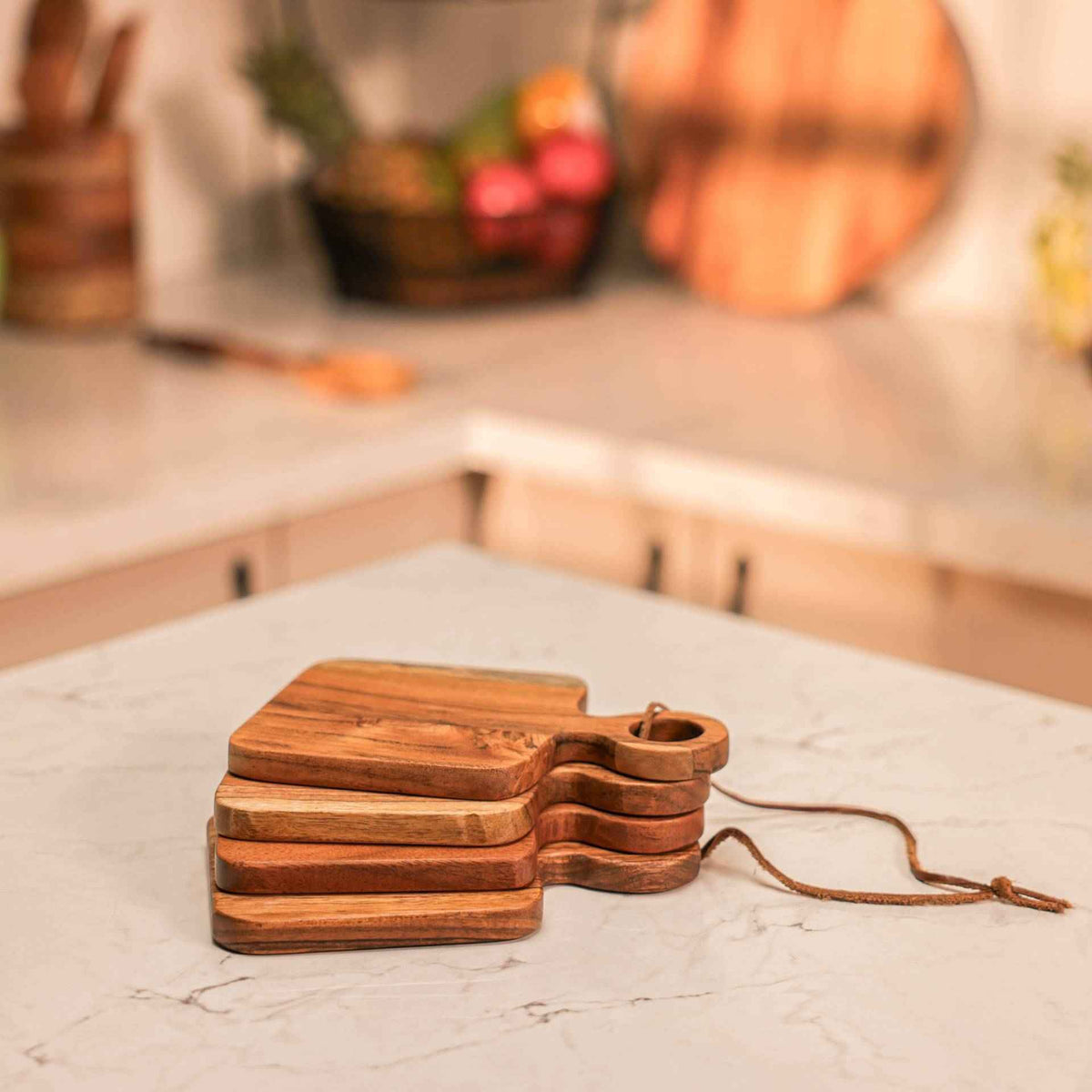 River Loop serveerplank – acaciahouten schaal – handgemaakt, modern lushandvat – set van 4
