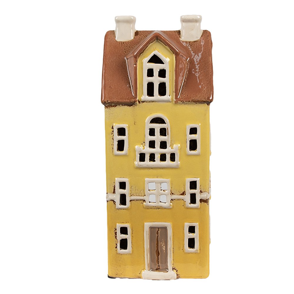 Waxinelichthouder Huis 11x9x25 cm Geel Bruin Keramiek Theelichthouder