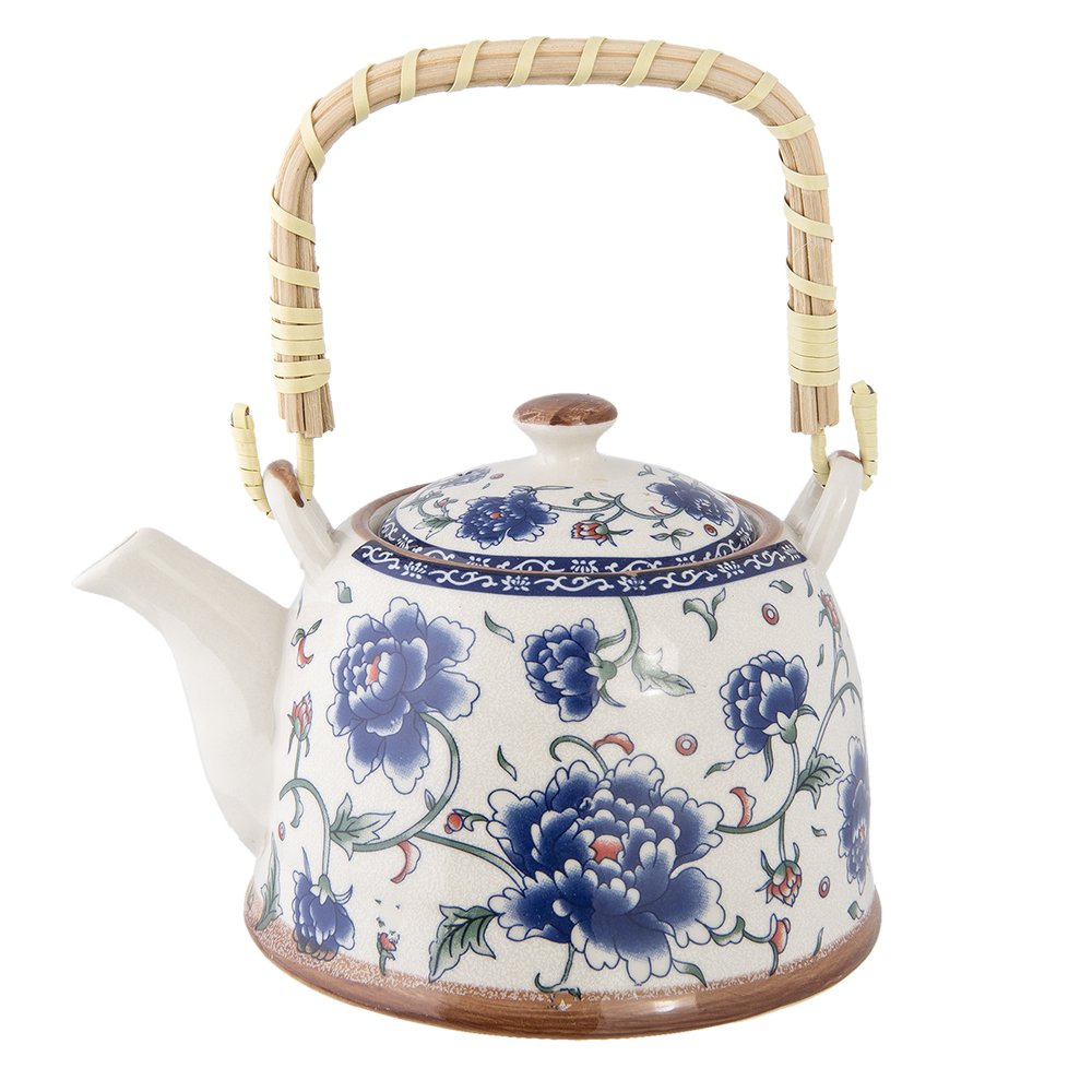 Theepot met Filter 700 ml Blauw Keramiek Bloemen Theekan