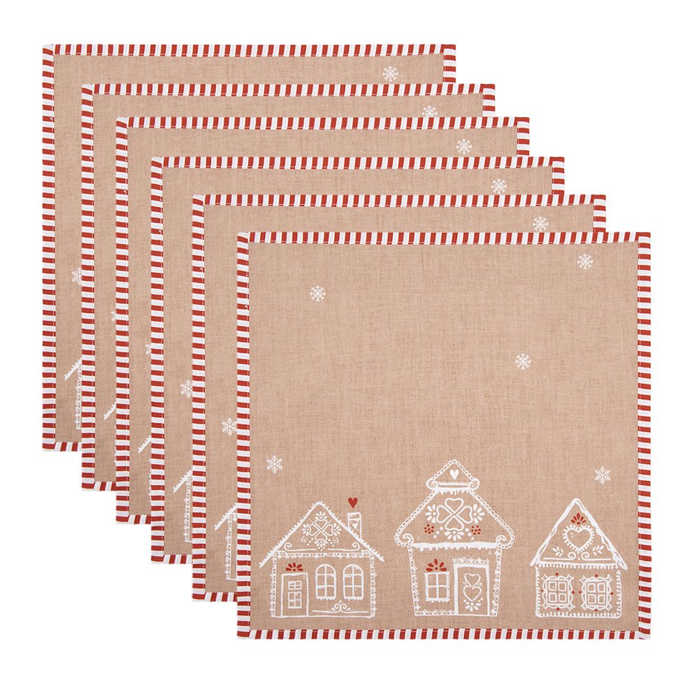 Servetten Katoen Set van 6 40x40 cm Bruin Katoen Gingerbread house