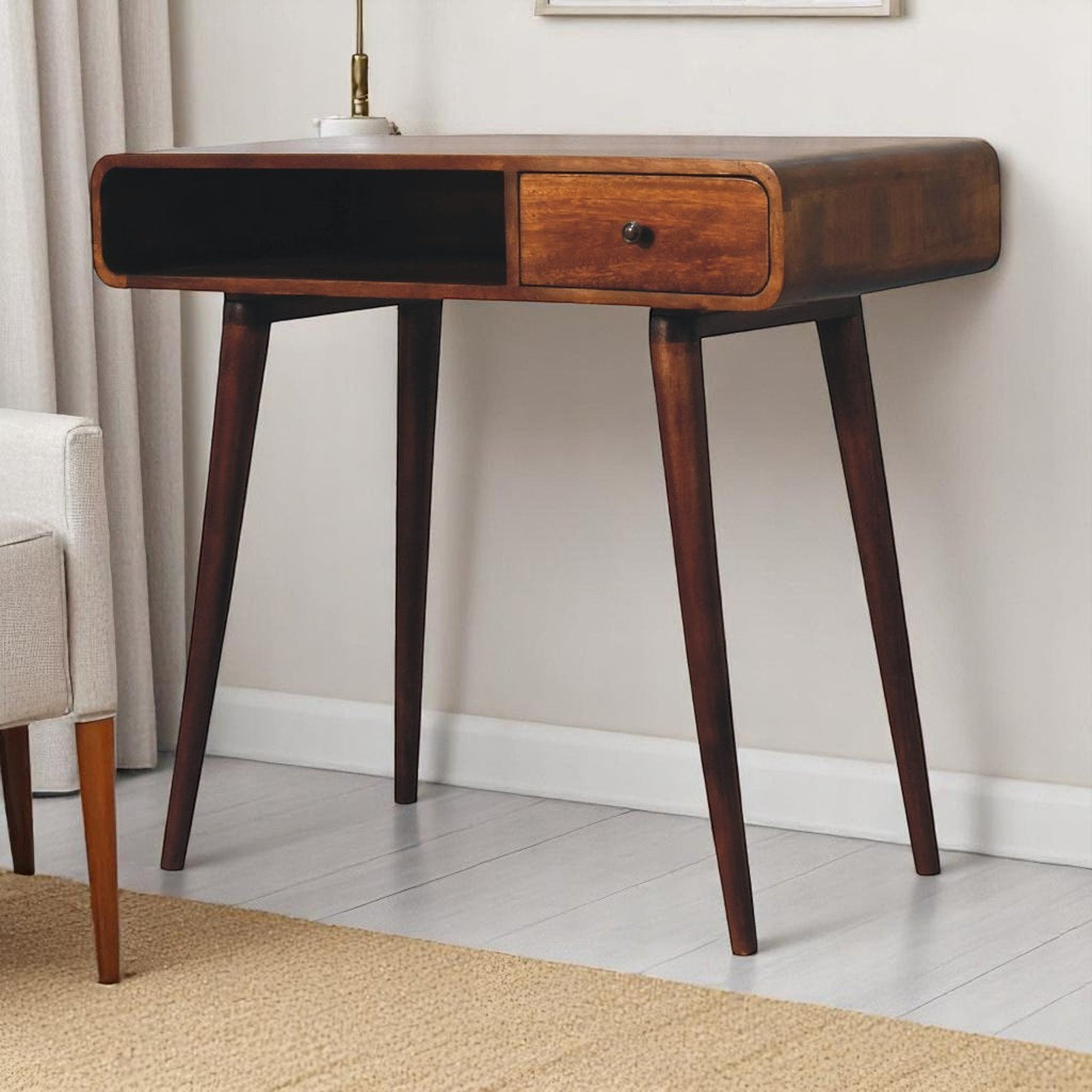 Gebogen kastanje bureau van , 1 lade, 1 open plank, bruin