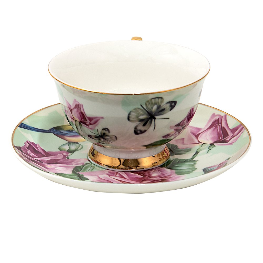 Kop en Schotel 200 ml Groen Porselein Bloemen Servies