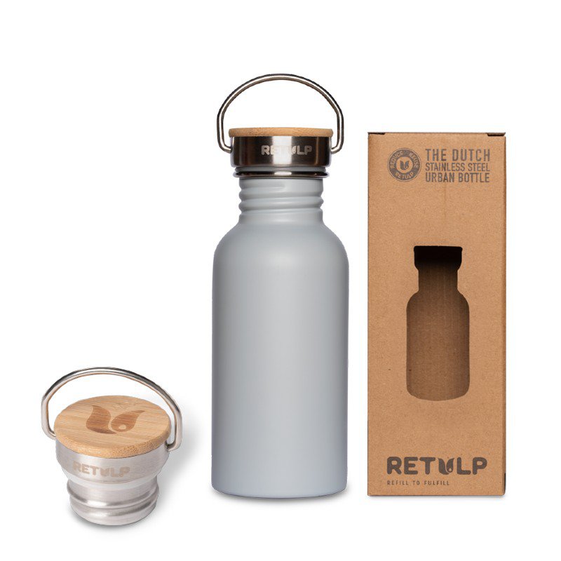 RVS drinkfles bamboe dop 500 ml steel Grey