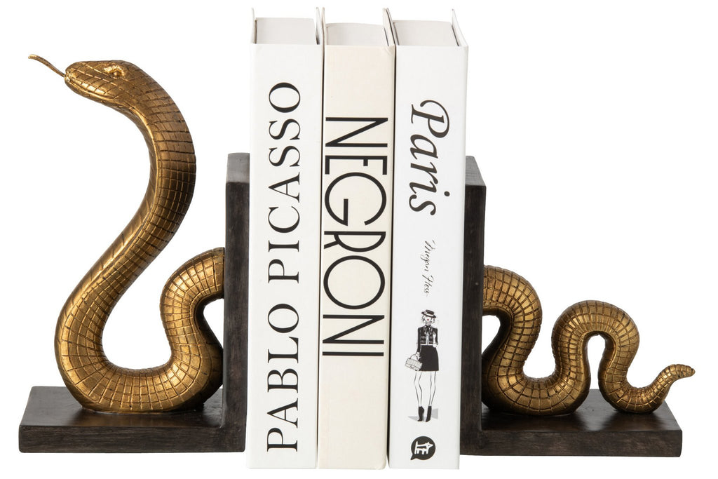 J-Line Boekensteunen slang - polyresin - goud/zwart - set van 2