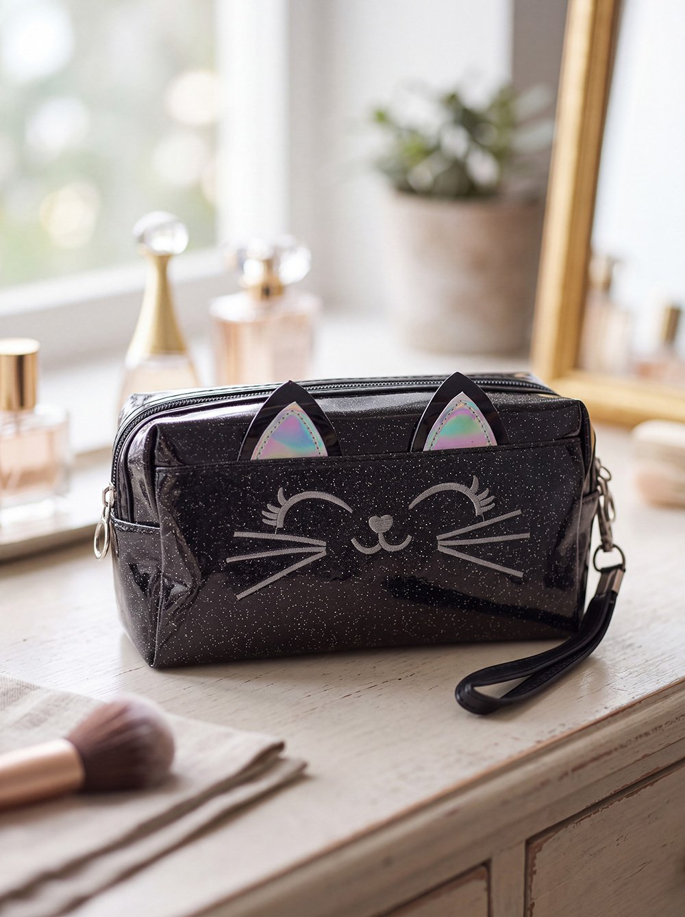 Toilettas Dames Kat 18x10 cm Zwart Polyurethaan