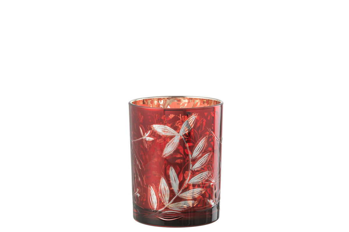 J-Line windlicht Blaadjes - glas - rood/goud - medium