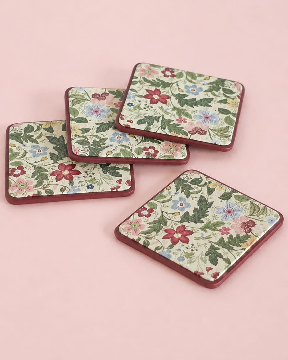 Onderzetter | Veganistisch leer Vintage bloemen | Set van 4