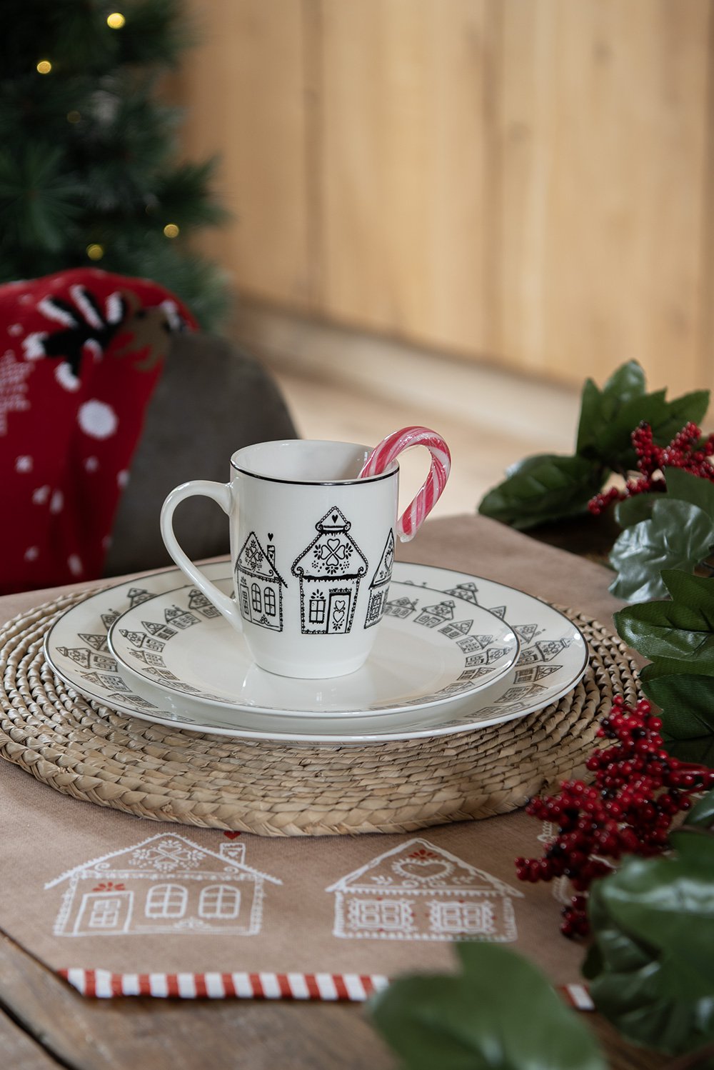 Placemats Set van 6 48x33 cm Bruin Katoen Gingerbread house
