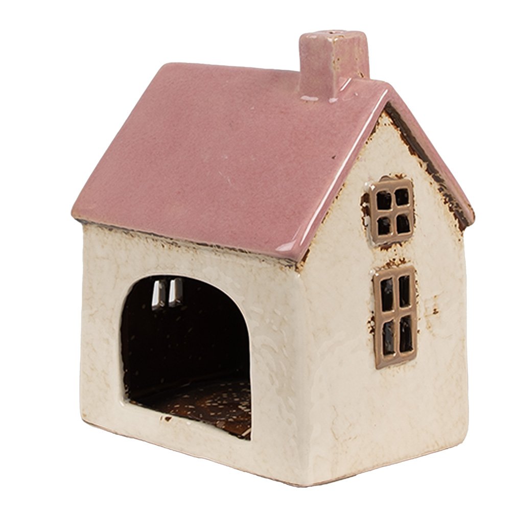 Waxinelichthouder Huis 13x10x16 cm Beige Roze Keramiek Theelichthouder