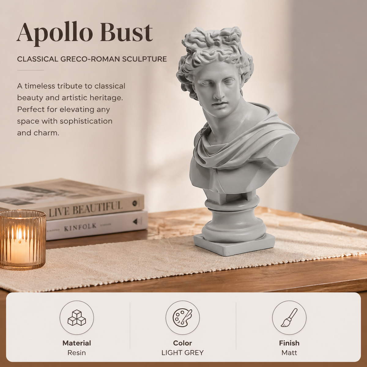 Apollo buste sculptuur – wit klassiek Grieks beeld voor elegant interieur