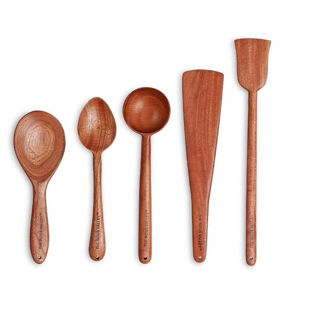 Kookgereiset van neemhout – spatels en pollepels – natuurlijke antiaanbaklaag – 5-delig, 37 cm