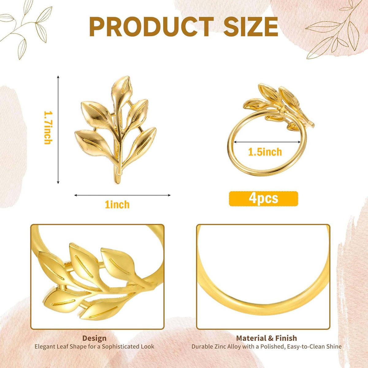 Golden Leaf Design servetringen – Premium accessoires voor tafeldecoratie – Duurzame metalen constructie – Set van 4