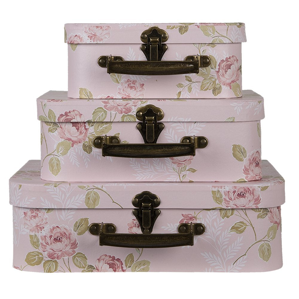 Decoratie Koffer Set van 3 30x21x9/25x18x9/20x16x8 cm Roze Karton Bloemen Opbergkoffer
