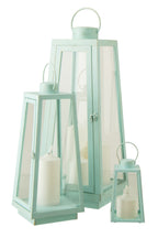 J-Line lantaarn + kaars - glas - turkoois - L - LED lichtjes