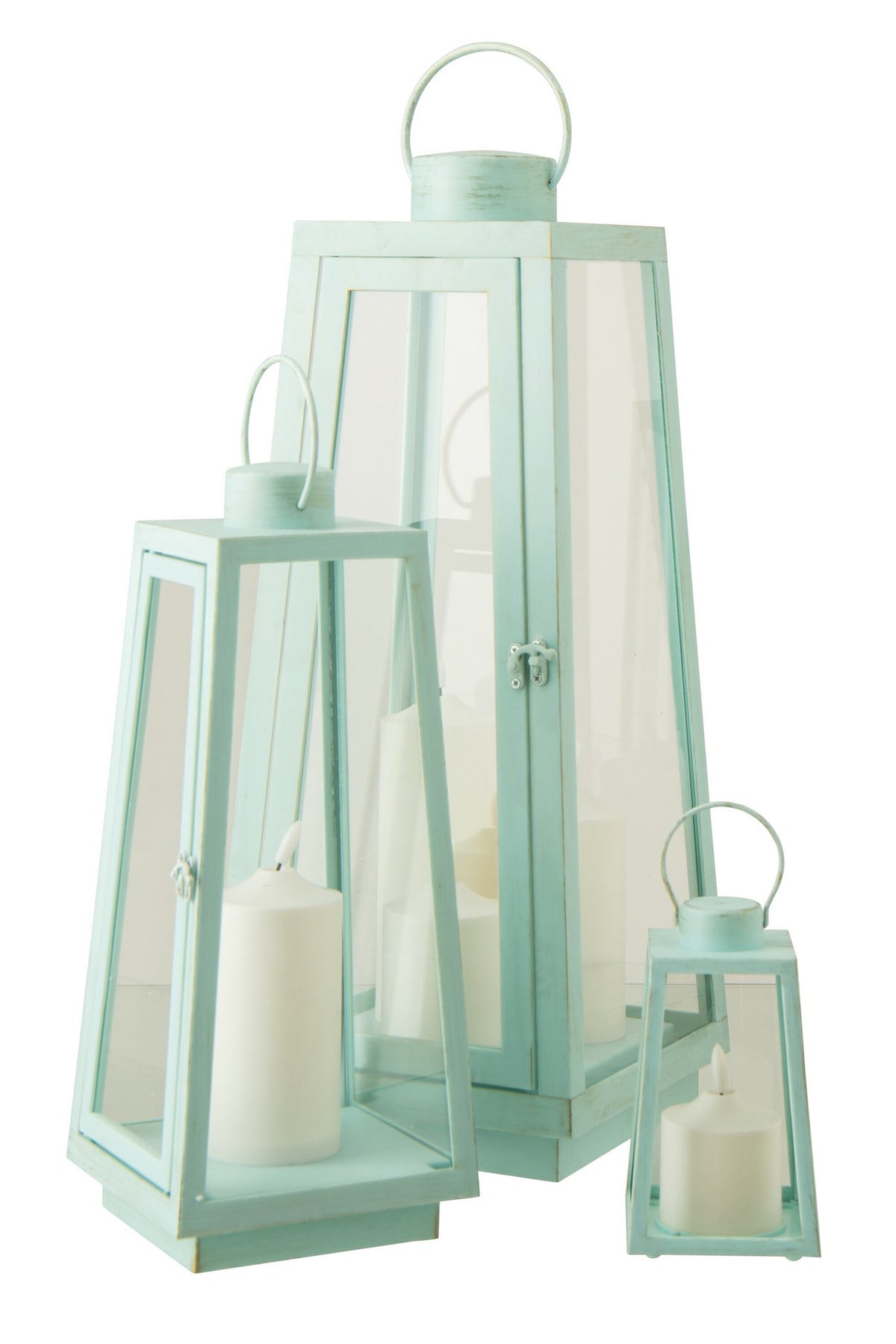 J-Line lantaarn + kaars - glas - turkoois - L - LED lichtjes