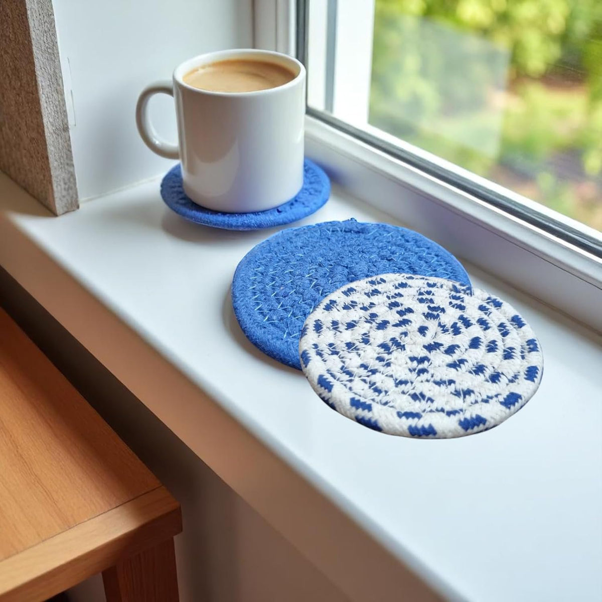 Blauwgroen katoenen ronde absorberende onderzetters (set van 6, 10 cm) | Tafelmatten voor warme en koude dranken, keuken, eetkamer