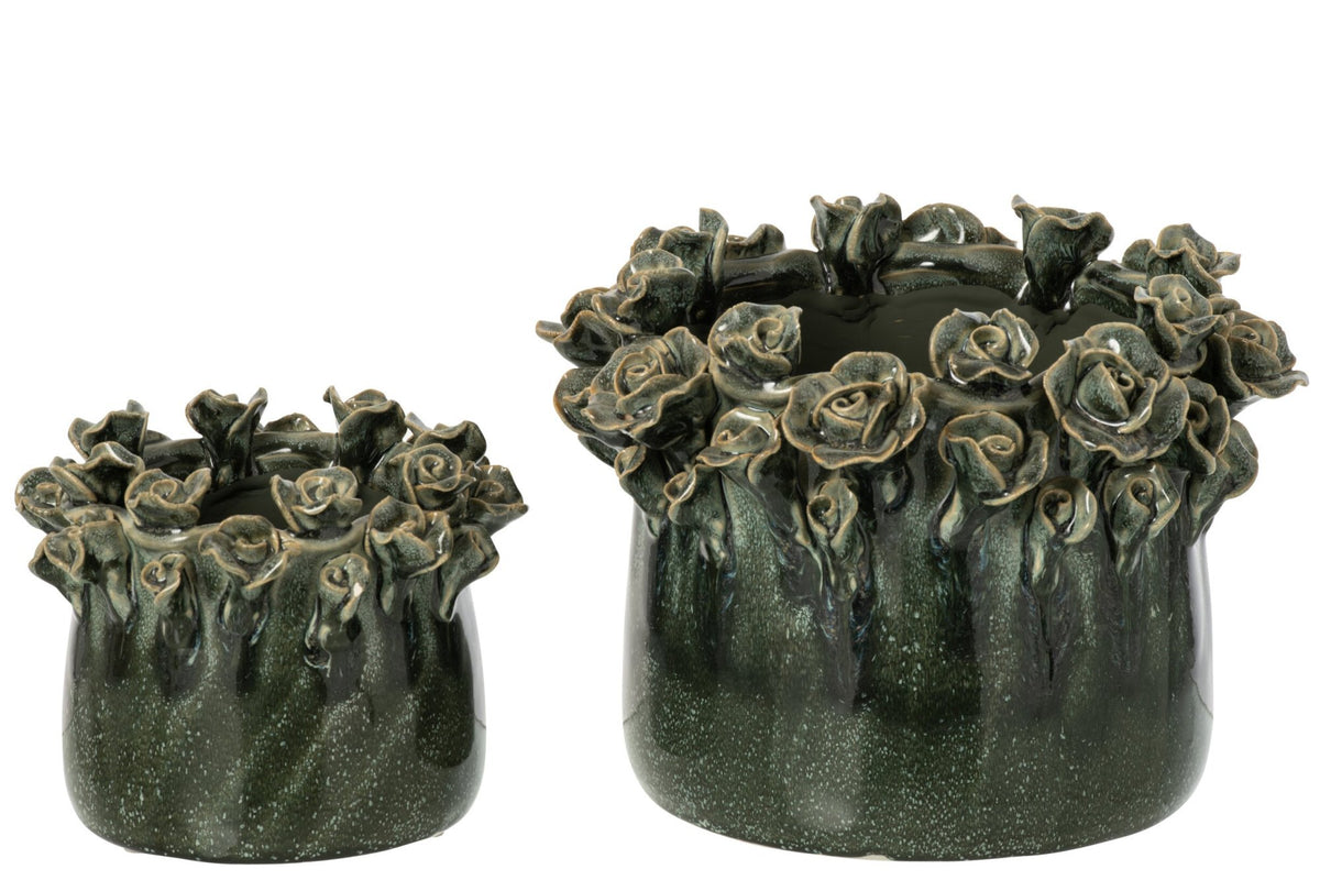 J-Line Bloempot met rozen - keramiek - petrolblauw - large