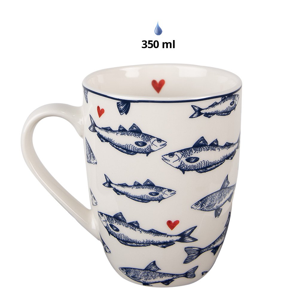 Mok 350 ml Wit Blauw Porselein Vissen Theemok