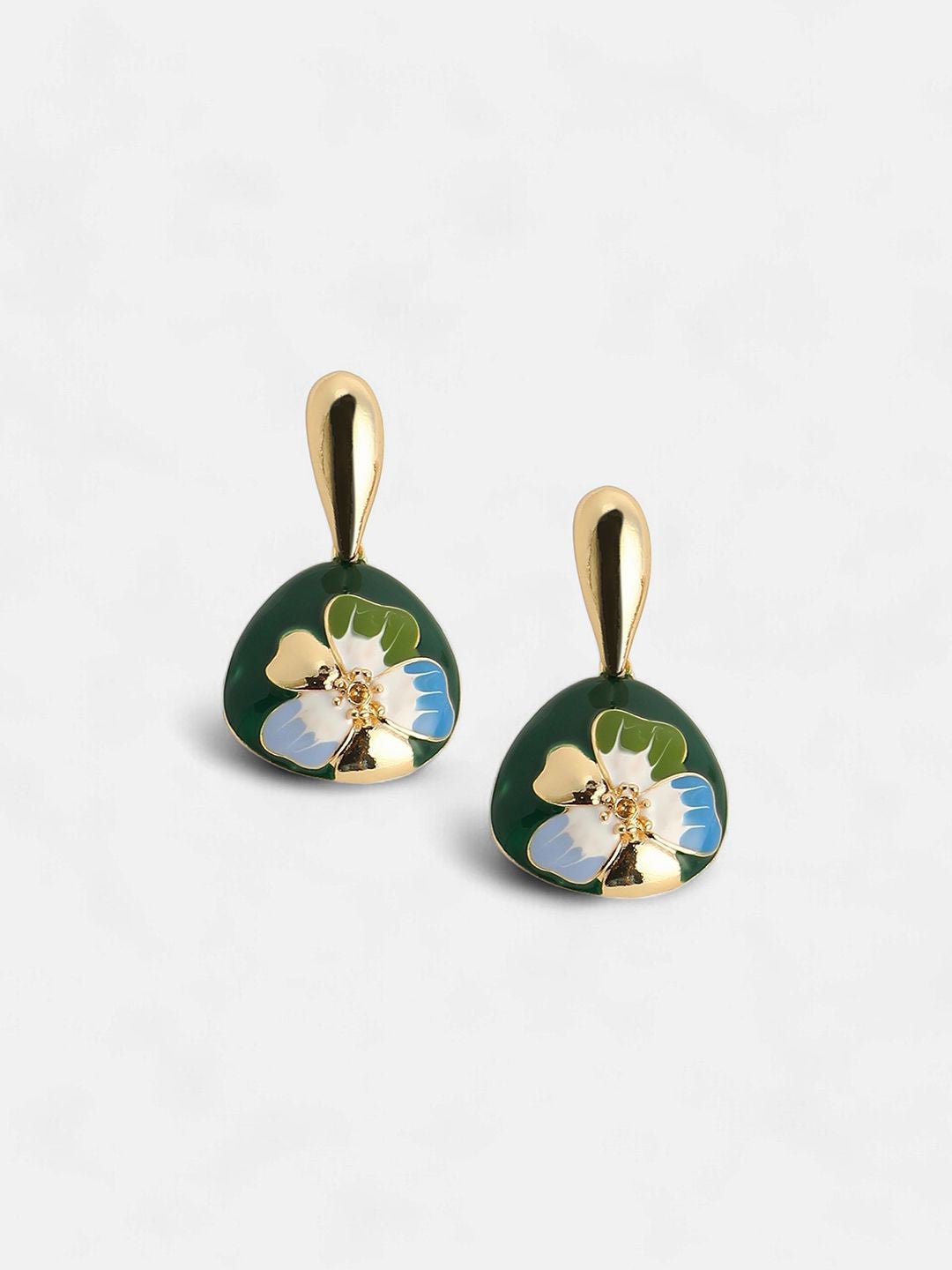 Vergulde eigentijdse Hana-druppeloorbellen – mode-sieraden – groen en blauw – 2,5 cm lengte