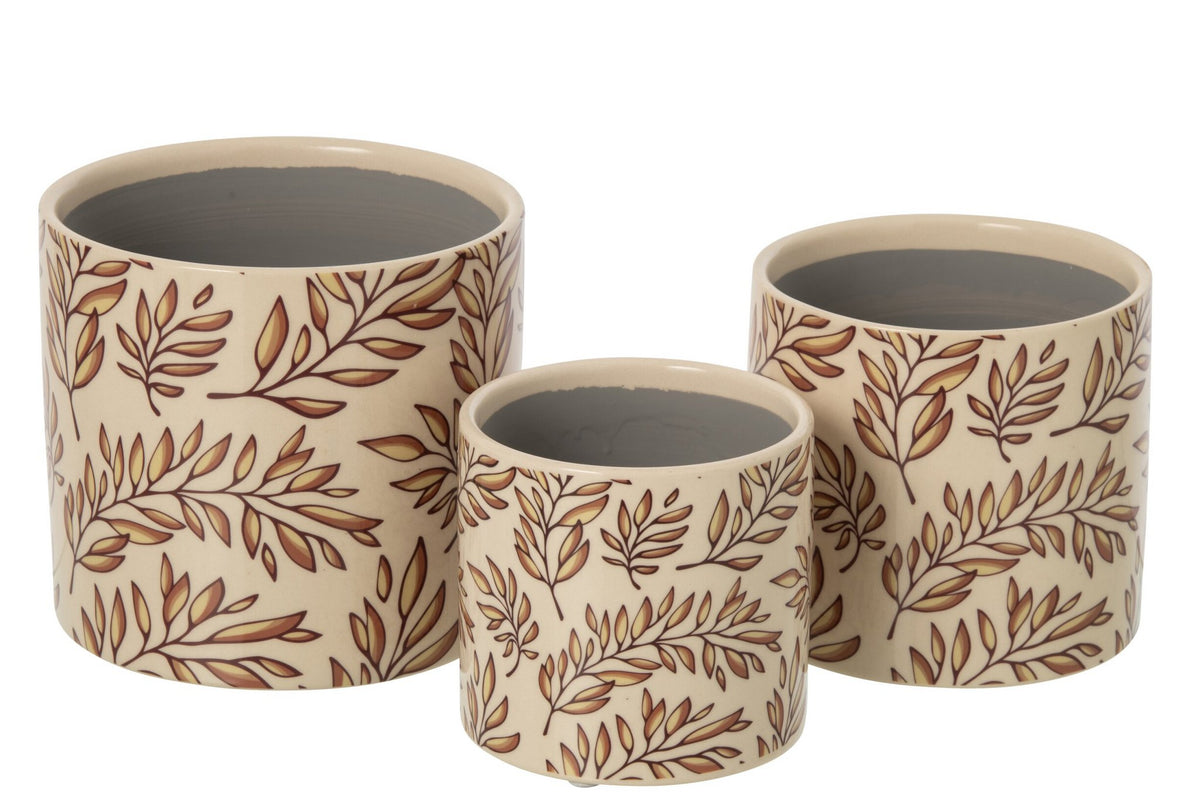 J-Line Bloempot met bladeren - keramiek - ecru/bruin - large
