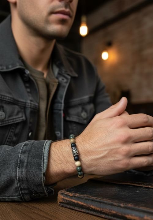 Herenarmband natuurstenen Onyx met gele Jaspis en Zoïsiet 8 mm