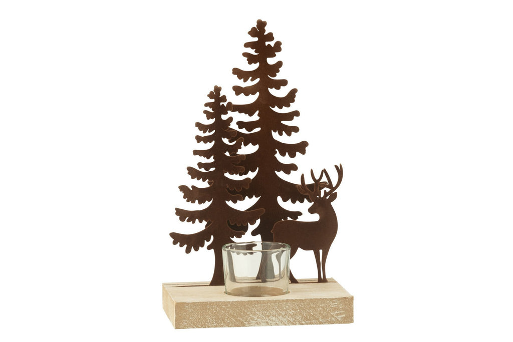 J-Line theelichthouder 1 stuk rendieren bomen - metaal/hout - bruin