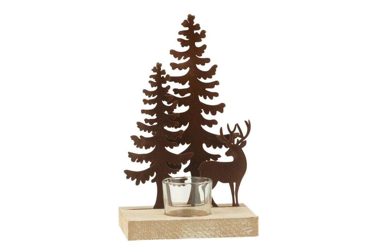 J-Line theelichthouder 1 stuk rendieren bomen - metaal/hout - bruin