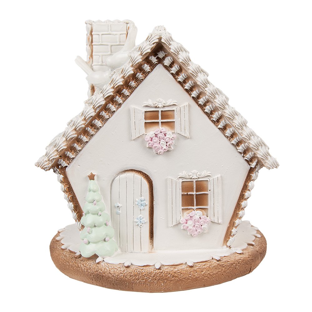 Gingerbread house met LED 17 cm Wit Polyresin Peperkoekhuisje