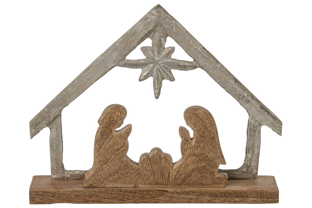 J-Line Kerststal op voet - mangohout - gebroken wit/naturel - large