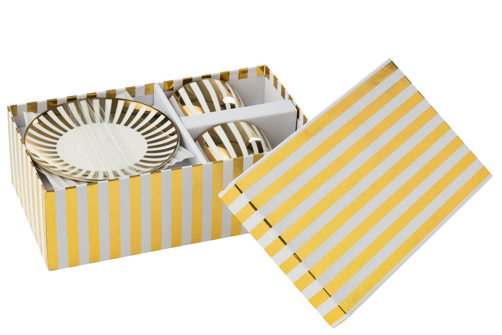 J-Line kopje + schoteltje Gestreept - porselein - goud/wit - L - 2 st.
