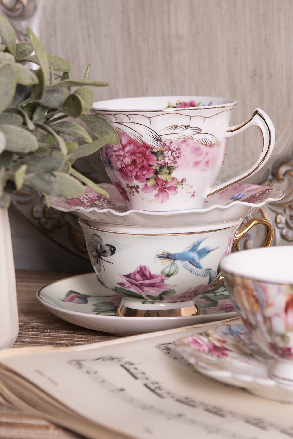 Kop en Schotel 200 ml Groen Porselein Bloemen Servies