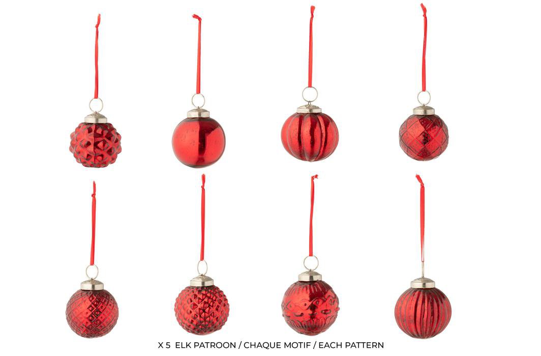 J-Line kerstbal 8 Patronen - glas - rood - doos van 40