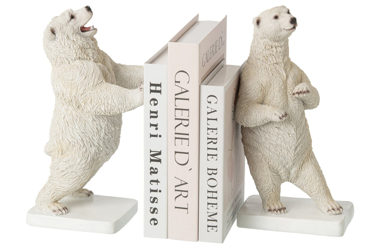 J-Line Boekensteunen beer - polyresin - wit - set van 2