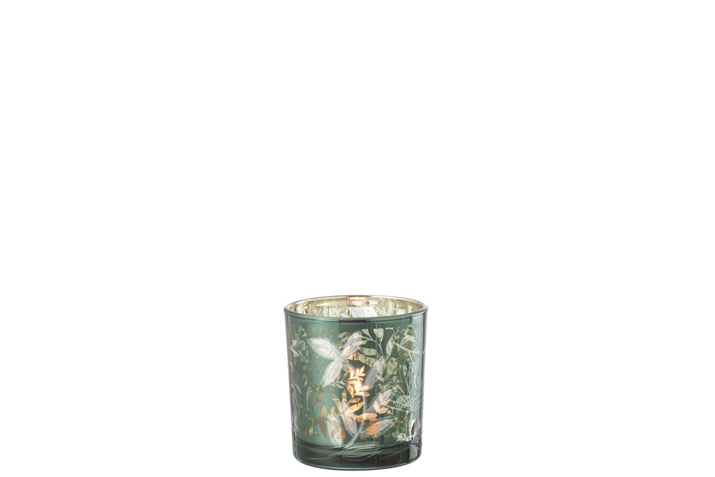 J-Line windlicht Blaadjes - glas - groen/goud - small